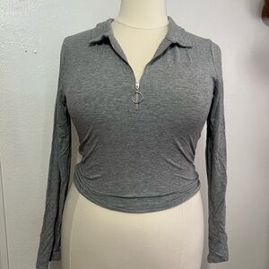 Heather Gray Quarter Zip-Up Long Sleeve Top